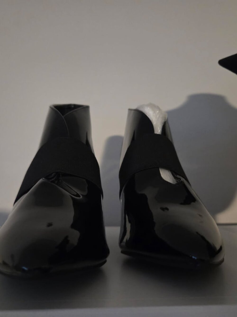 Black Patent Ankle Boots • Elastic Band • Glossy Heel